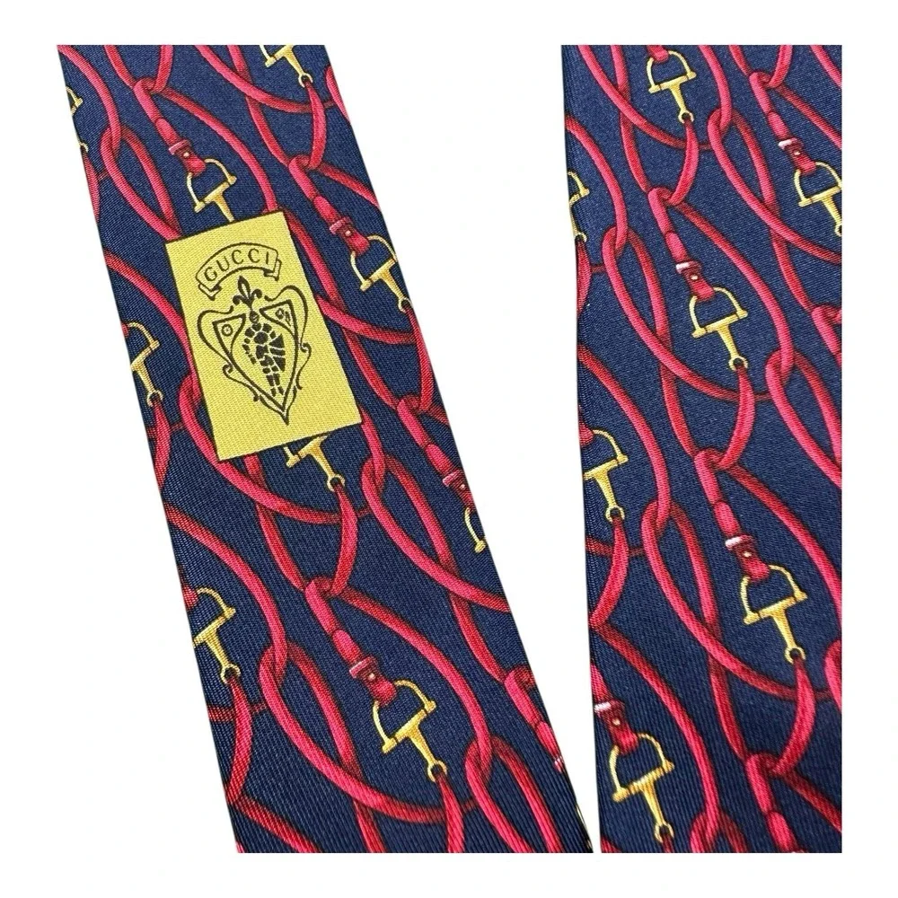 Gucci Equestrian Theme Silk Tie Navy Red Horsebit Stirrup Vintage 3.75 Inch
